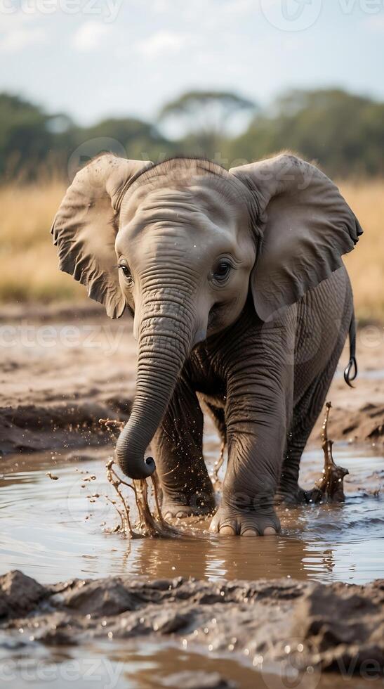 Baby elephant splashes playfully in a muddy puddle under the sun in the wild photo