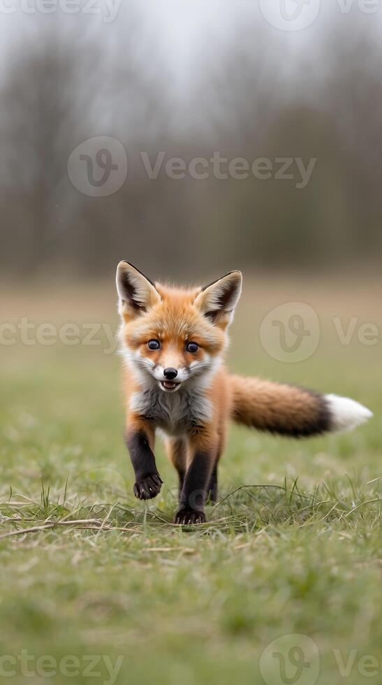 Baby fox playfully chasing in a grassy field during daytime photo