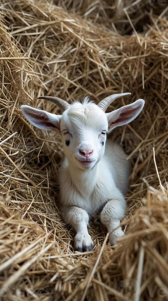 Baby goat resting softly on a bed of hay in a warm barn photo