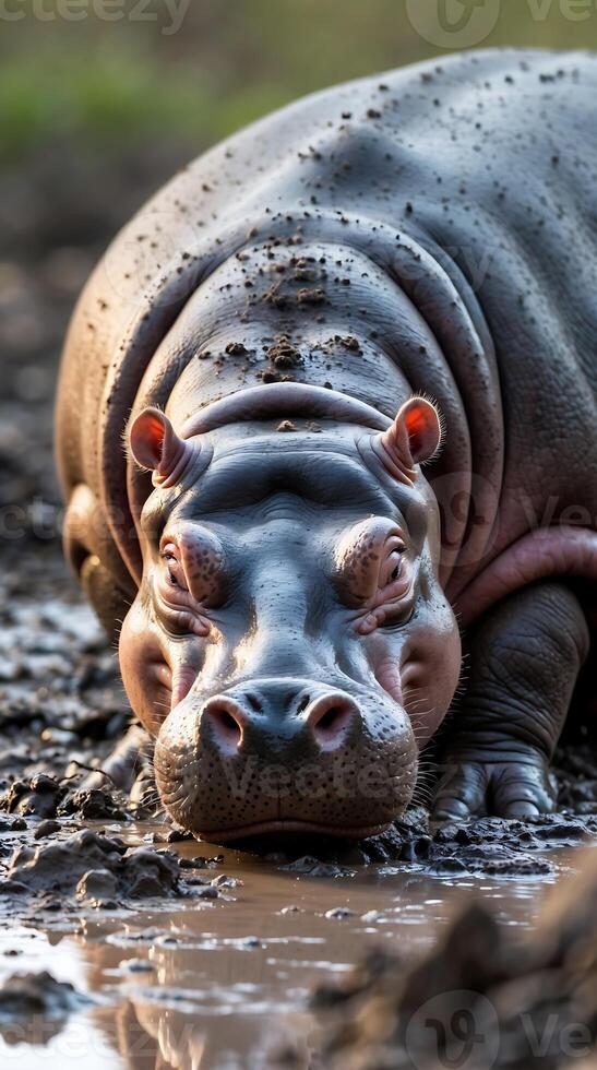 Baby hippo resting peacefully in the mud beside a small water pool photo