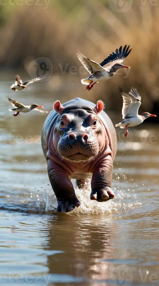 Baby hippo running toward birds in shallow water amidst lush surroundings photo