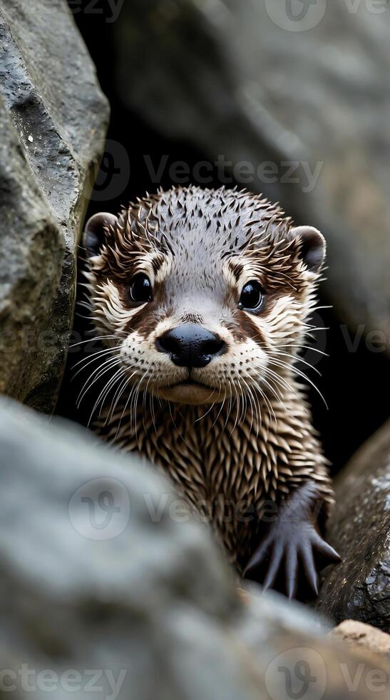 Baby otter peeks from behind rocks at a riverbank during daylight hours photo
