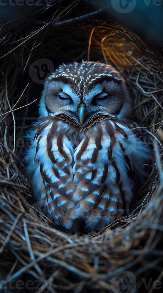 Baby owl asleep in a nest made of twigs and leaves during calm twilight hours photo