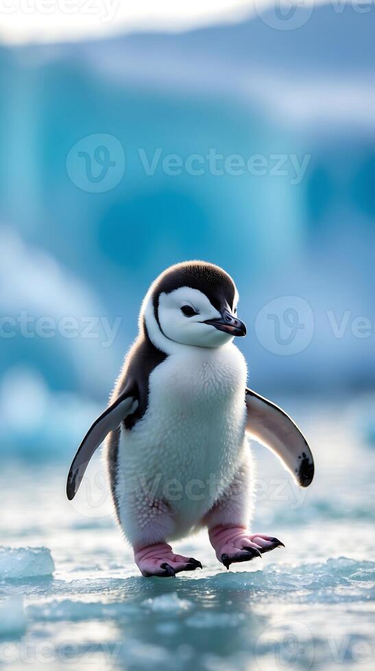 Baby penguin waddles across the icy landscape in a cold environment photo
