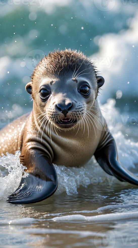 Baby sea lion plays in shallow waves of the ocean under the sun photo