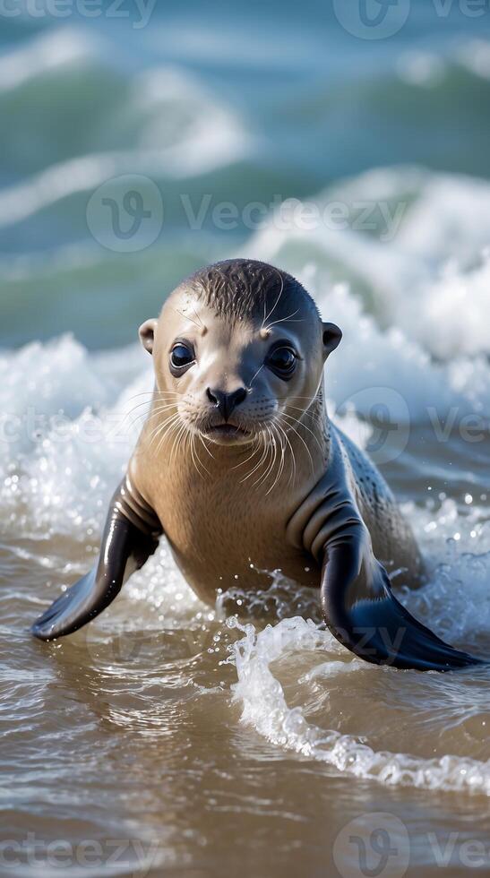 Baby sea lion plays joyfully in the shallow ocean waves on a sunny day photo