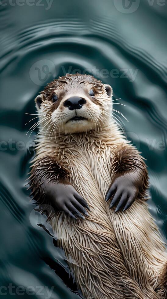 Baby sea otter floats peacefully on its back in tranquil water photo