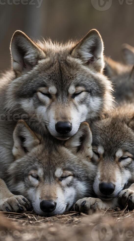 Baby wolf nestled with its pack in a peaceful forest setting during early morning light photo