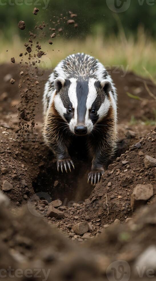 Badger digging into the earth with determination in its natural habitat photo