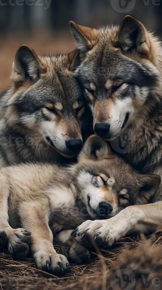 Cozy baby wolf napping surrounded by its pack in a natural setting photo