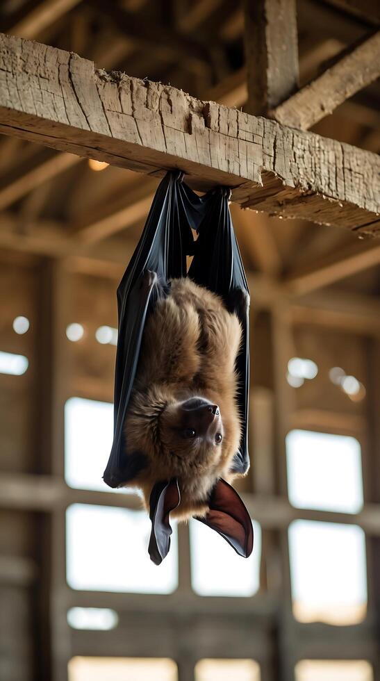 Bat hanging upside down in a barn with rustic wooden beams and natural light photo