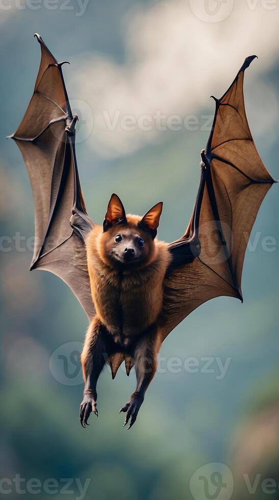 Majestic bat in midflight showcasing its impressive wingspan against a blurred background photo