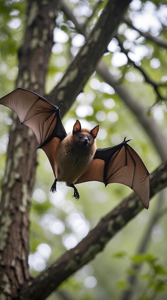 Bat in flight between trees searching for food in a forested area photo