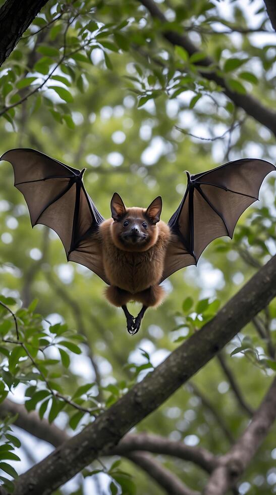 Bat flying between trees in search of food on a calm day photo