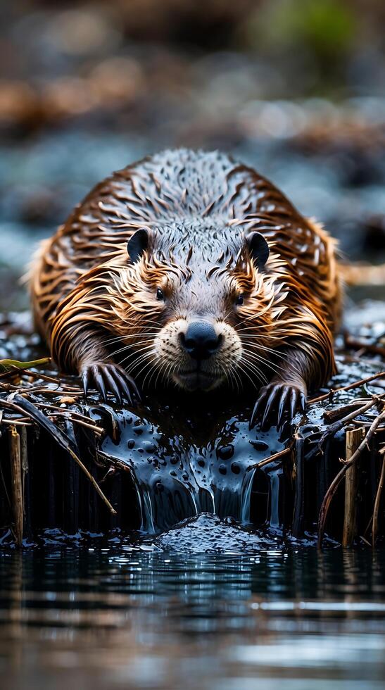 Beaver sleeping peacefully on its dam with gentle water flow nearby photo