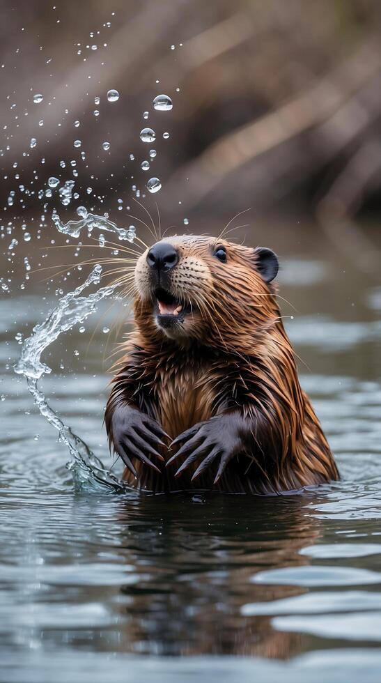 A beaver splashes in the water with its tail in a tranquil setting photo