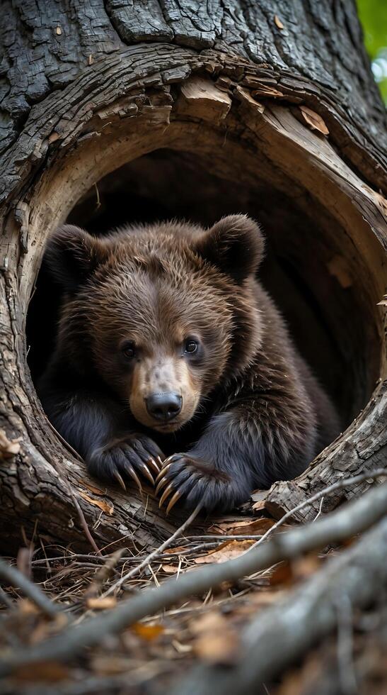 Bear cub rests peacefully inside a hollow tree trunk in a natural setting photo
