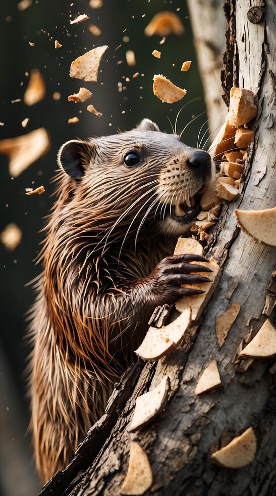 Beaver gnawing through a tree trunk while chips scatter around in nature photo