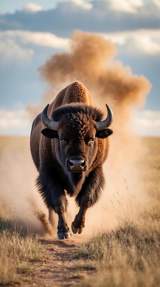 Bison charging across the prairie in a cloud of dust during golden hour photo