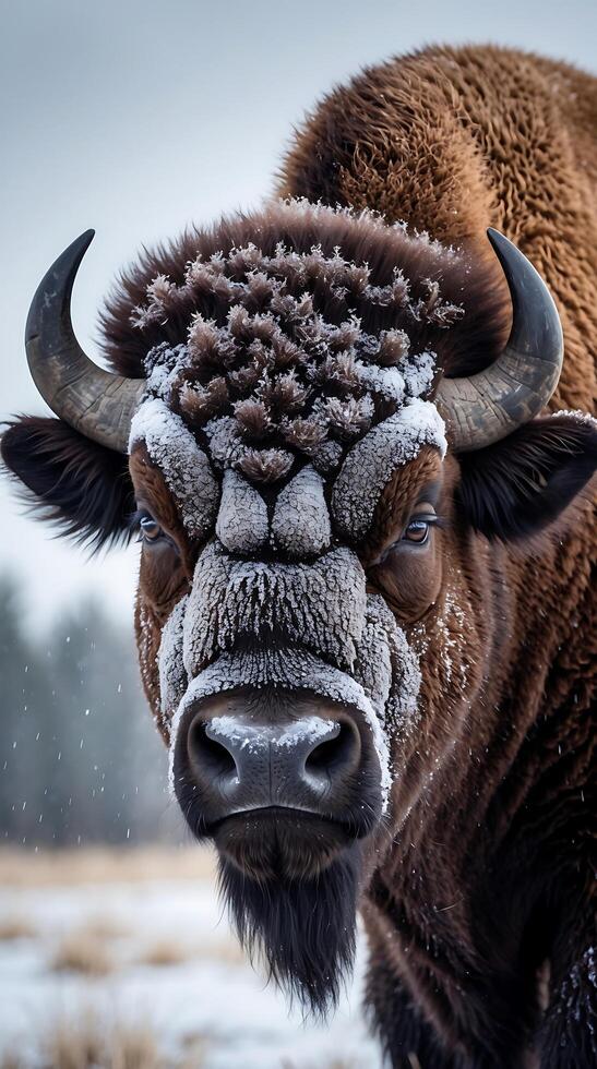 Bison covered in frost, showcasing resilience in a winter landscape at dawn photo