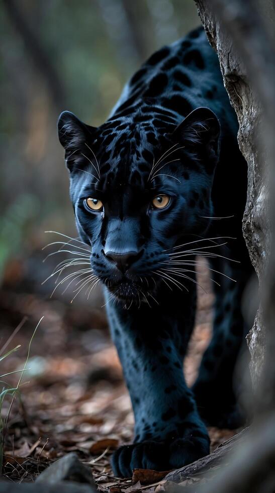 Black panther emerging from foliage in a natural habitat during twilight hours photo