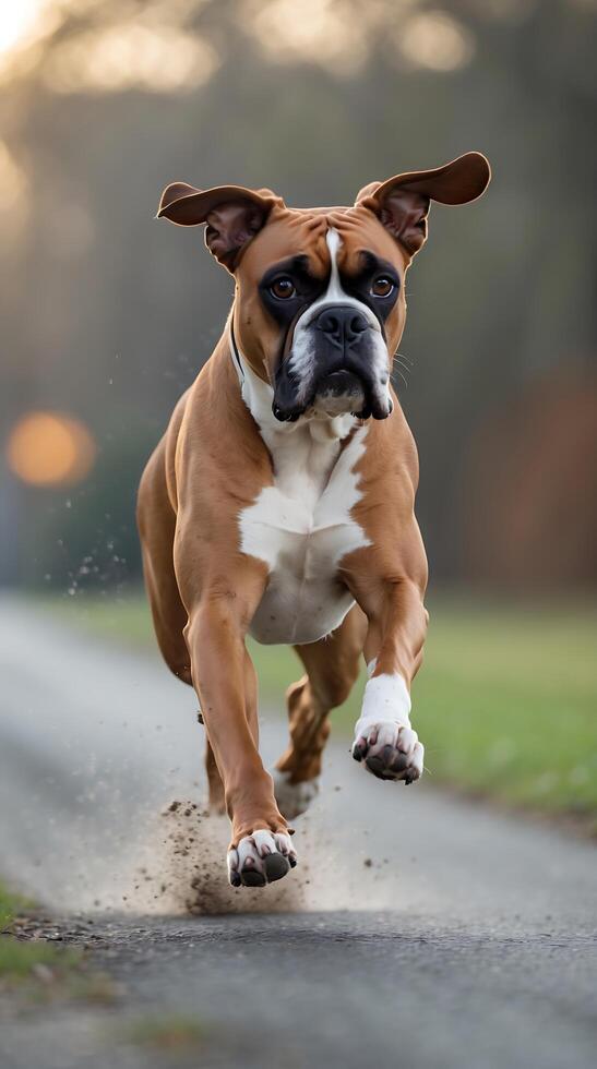 Boxer dog in motion running on a dirt path through a park at sunset photo
