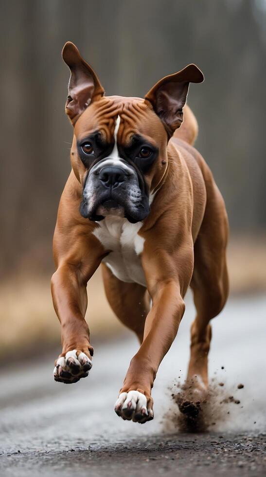 Boxer dog running at full speed on a dirt road during a cloudy afternoon photo
