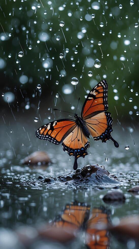 Butterfly dancing through raindrops over a rocky surface in a natural setting photo