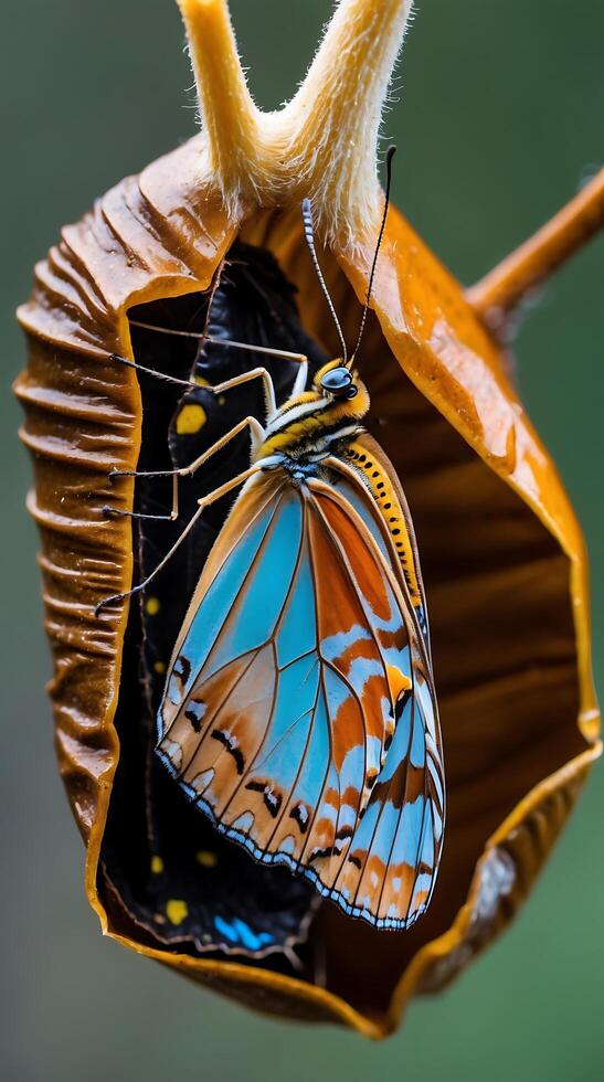 Butterfly emerging from chrysalis in a natural setting during daylight hours photo