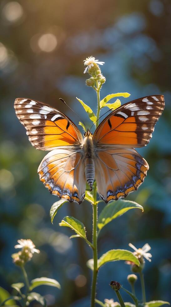 Butterfly with fully spread wings resting on a flower during golden hour in nature photo