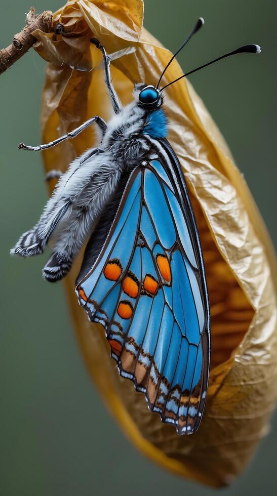 Butterfly emergence from chrysalis showcasing transformation process in nature photo