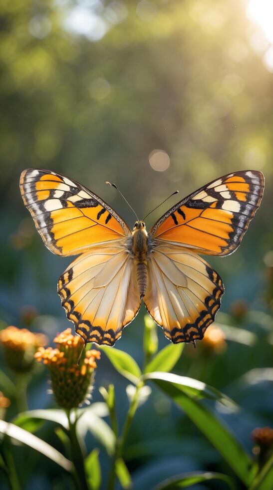 Butterfly with fully spread wings resting on flowers in a sunlit garden photo