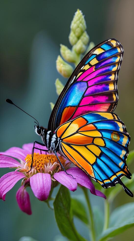 Colorful butterfly perched on a pink flower in a lush garden setting photo