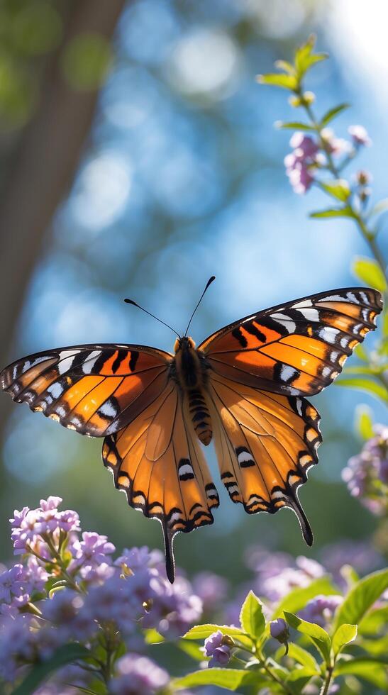 Butterfly with fully spread wings resting on blooming flowers in a garden photo