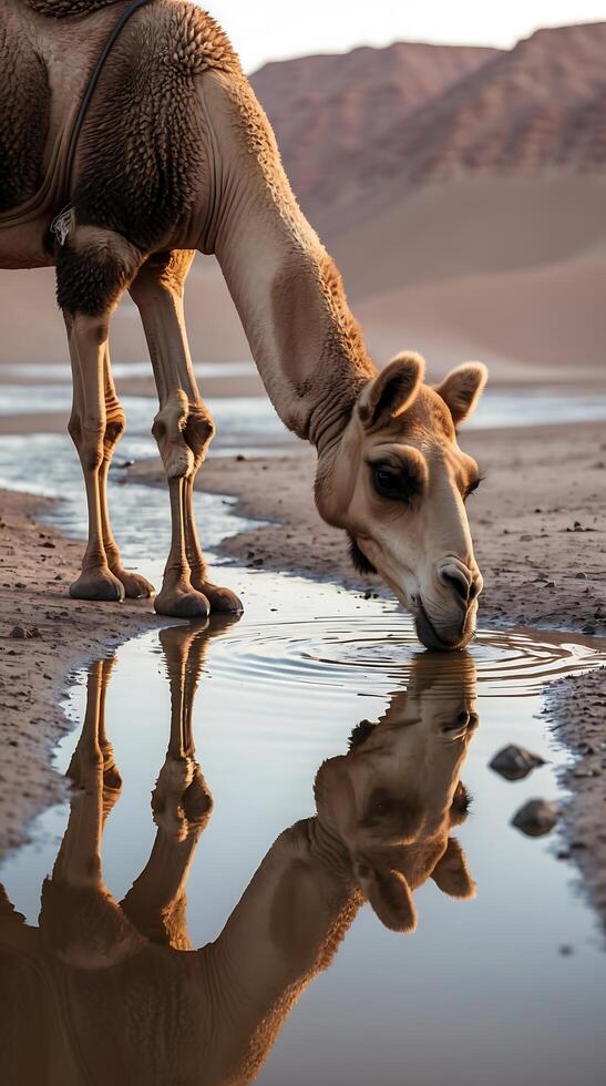 Camel drinking from an oasis reflecting in calm water with desert landscape in view photo