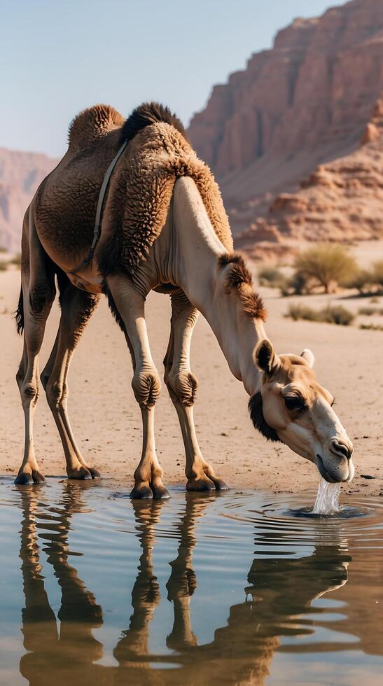 Camel drinking water from an oasis in a desert landscape during daytime photo