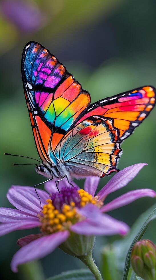Colorful butterfly perched on a flower during a sunny day in a garden photo