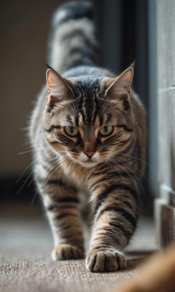 Cat with focused eyes on the lookout for playtime indoors photo