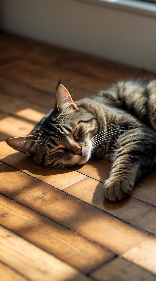 Cat napping quietly in a warm patch of sunlight on wooden floor tiles photo