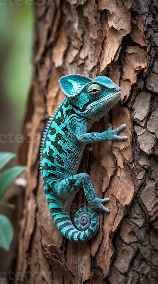 Chameleon blending into tree bark in a lush forest during the day photo