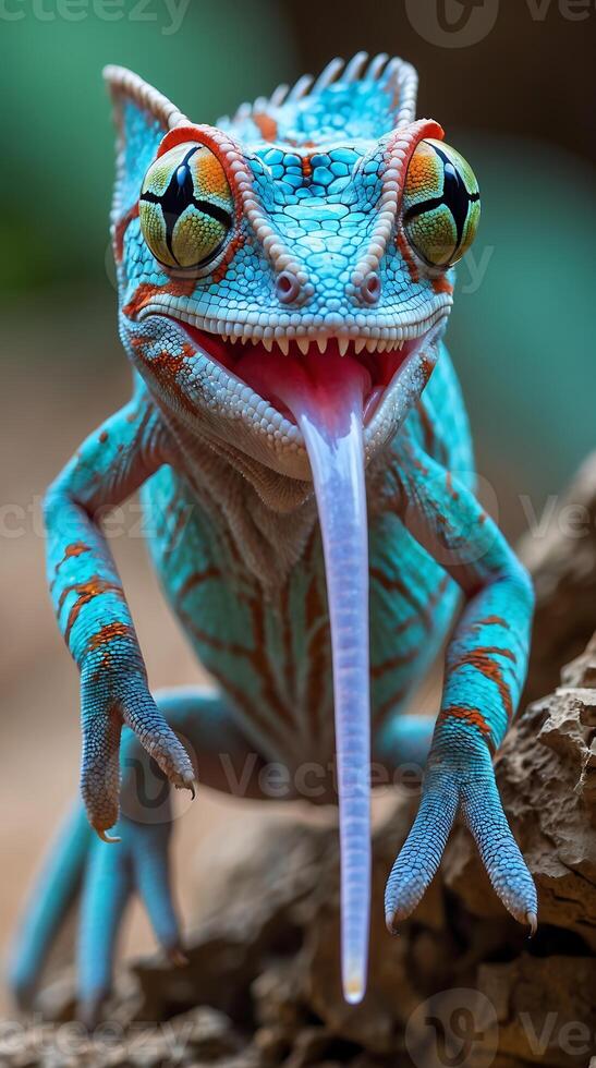 Chameleon extending its tongue in a natural habitat during daylight hours photo