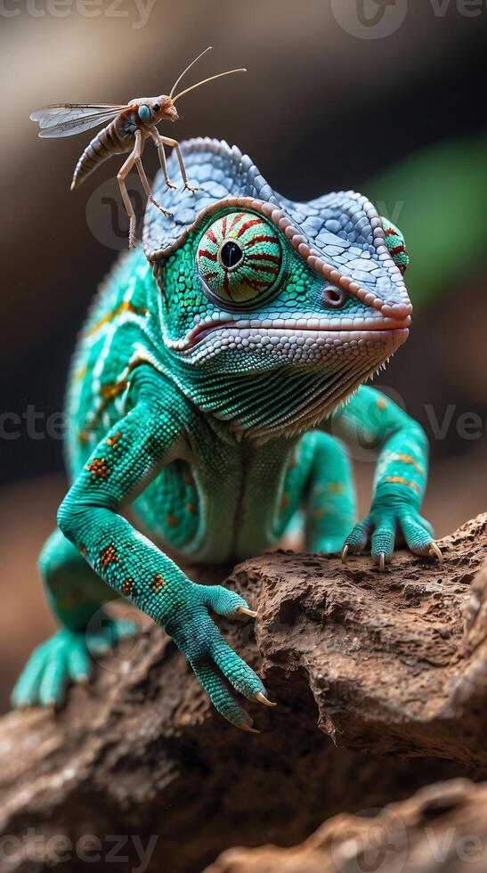Chameleon poised to catch an insect on a wooden surface in a natural environment photo