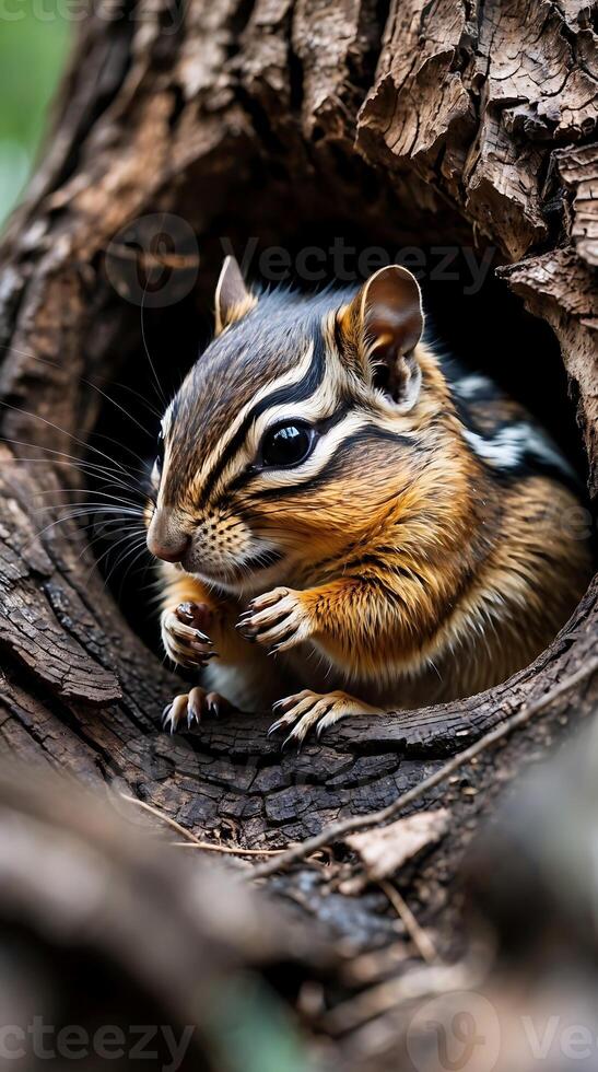 Chipmunk nestled in a tree hollow munching on a snack during the daytime photo