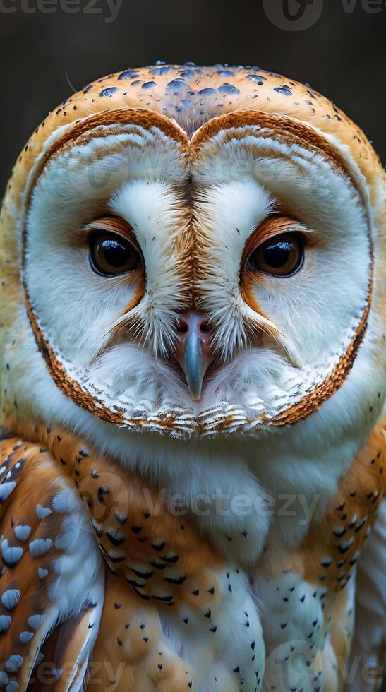 Closeup view of a barn owl showcasing its heart shaped face and unique feather patterns photo