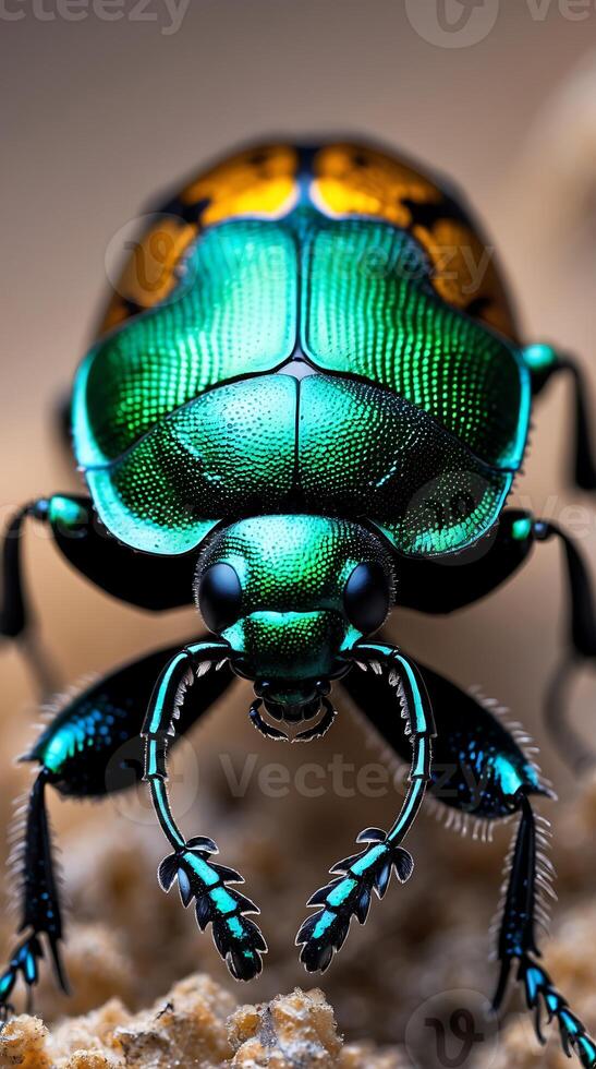 Closeup view of a metallic green beetle showcasing unique features and colors photo