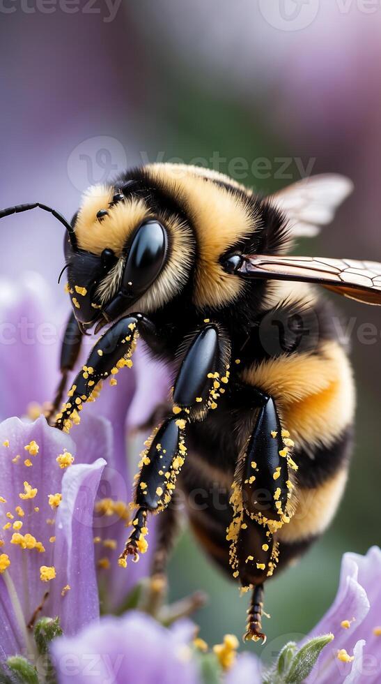 Closeup of a bumblebee collecting pollen from purple flowers in springtime photo