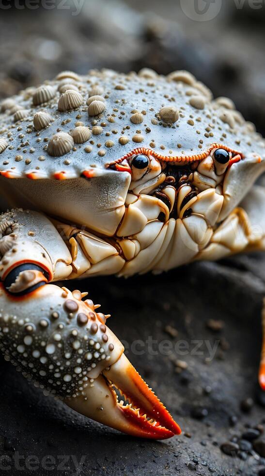 Closeup view of a crab showcasing its intricate shell patterns and colors photo