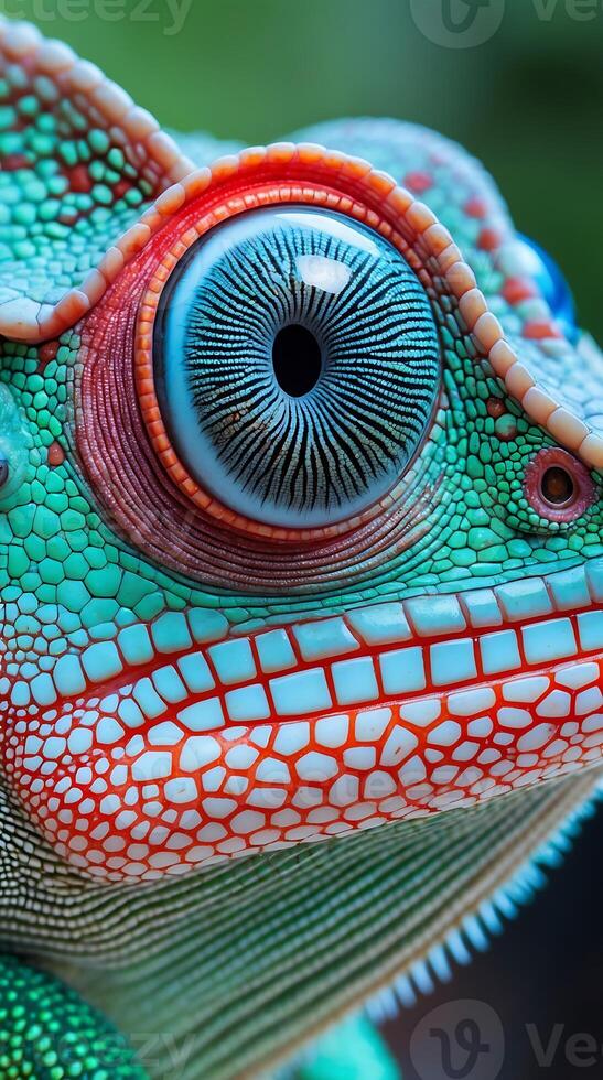 Closeup of a chameleon showcasing unique eye patterns and skin texture in nature photo