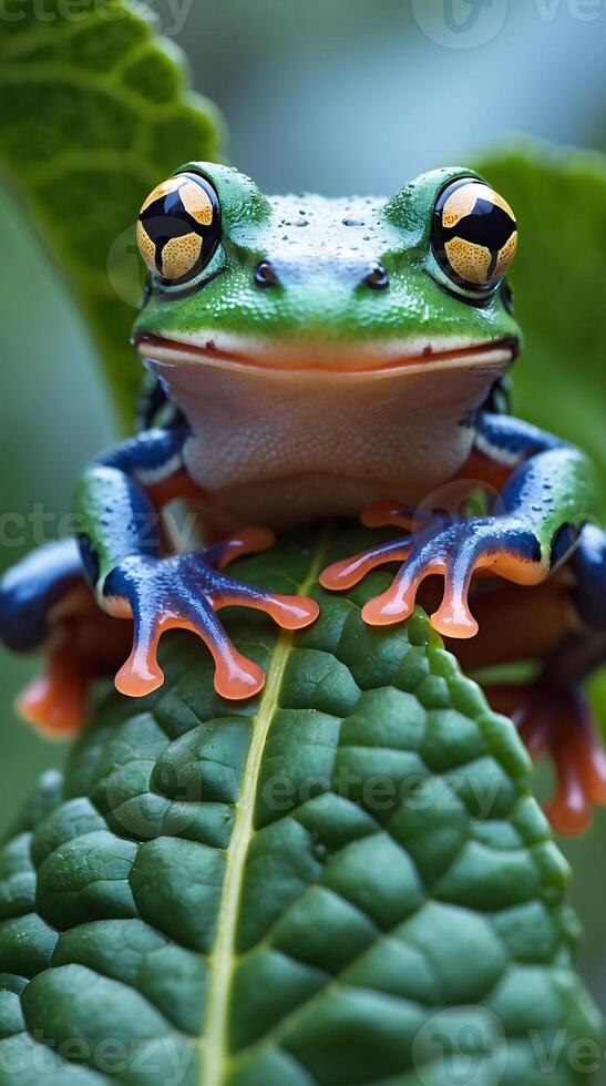Closeup view of a frog's unique suction cups on a leaf in its natural habitat photo