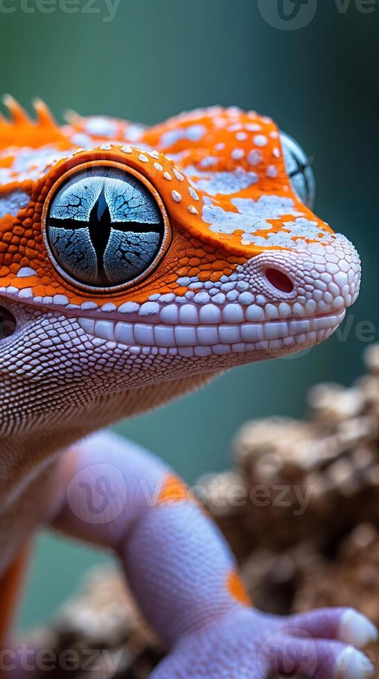 Closeup view of a gecko showcasing its unique textured skin and striking features photo